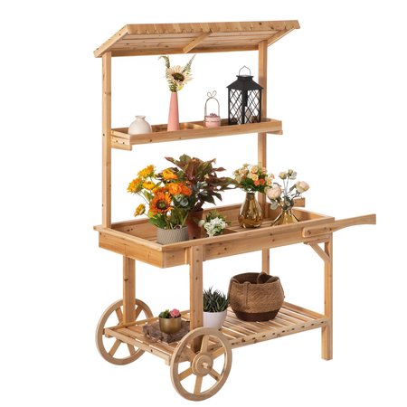 VINTIQUEWISE Solid Wood Decor Display Rack Cart Wood Plant Stands, 2 Wheeled Wood Wagon with Shelves QI004293